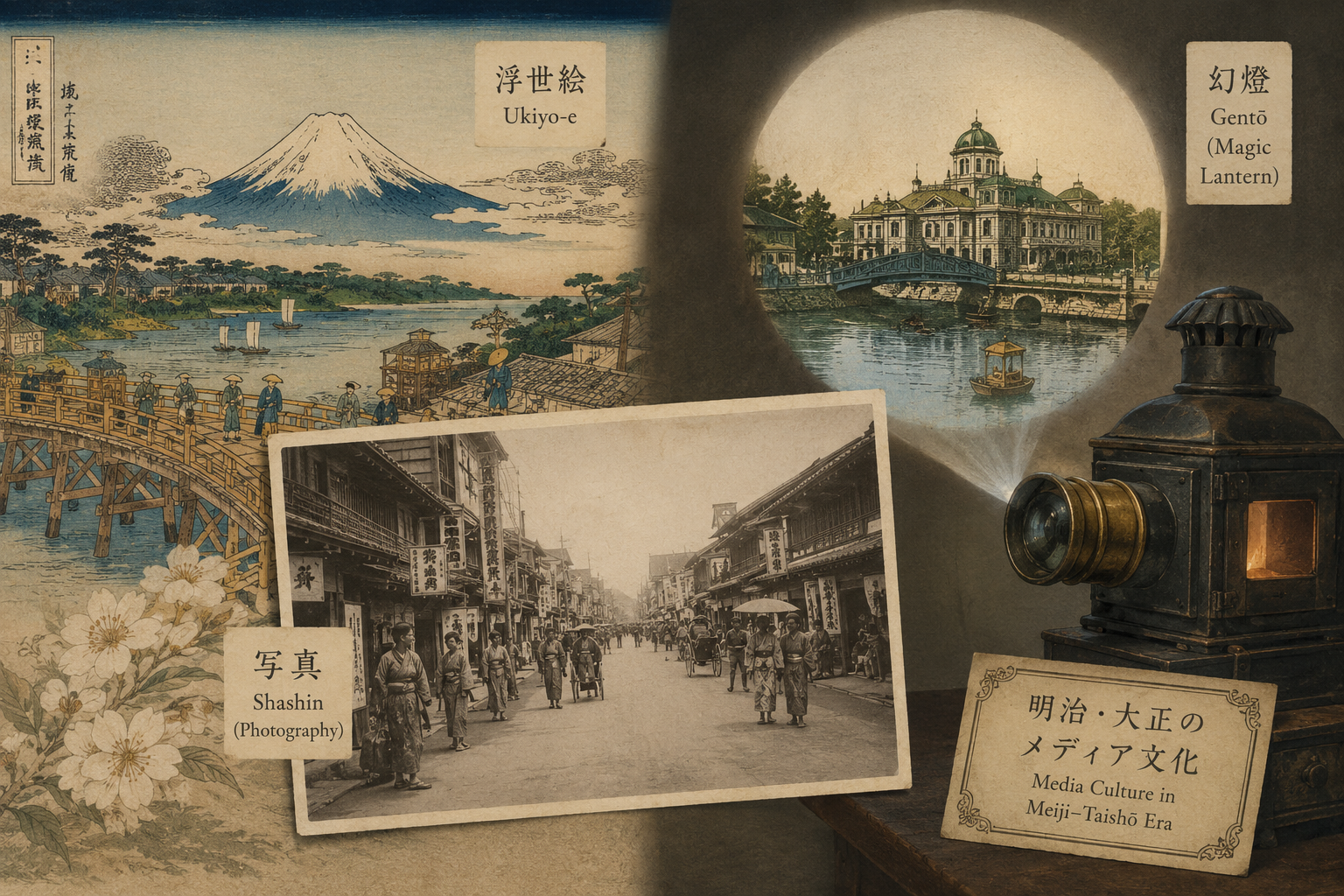 Japanese visual culture before cinema, represented through ukiyo-e, photography, and magic lanterns.