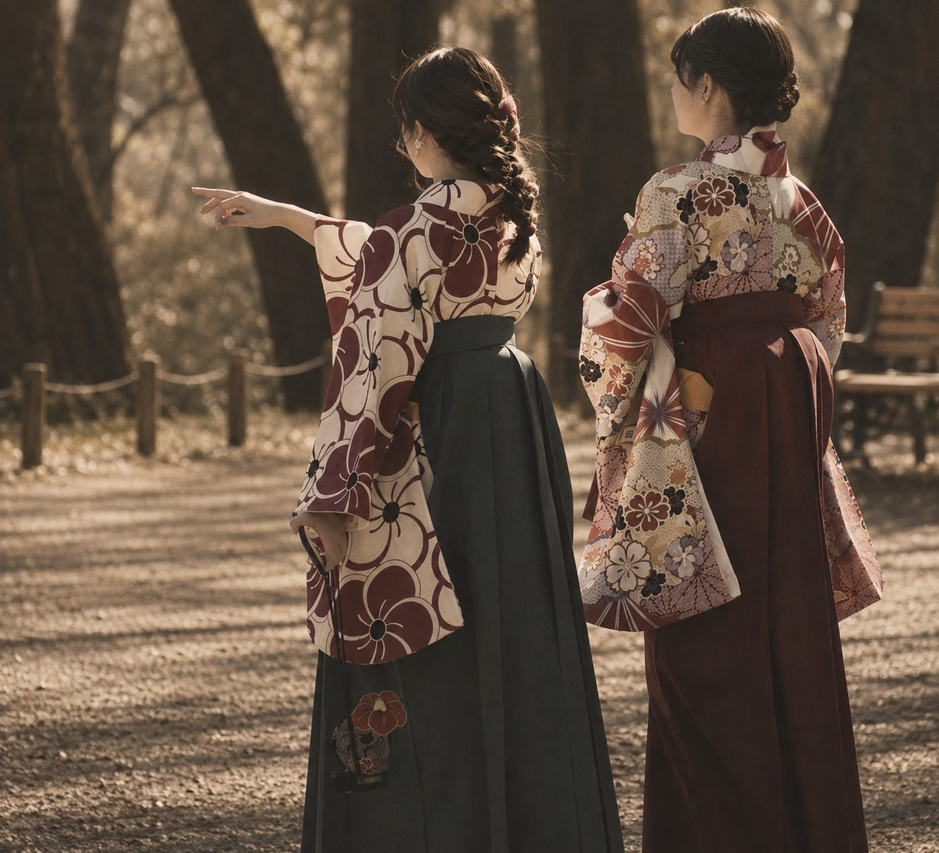 Two female students in hakama, seen from behind, walking together in modern Japan during the Meiji or Taisho era. Their traditional school uniforms and hairstyles evoke the world of female students and girls’ schools in early modern Japan.