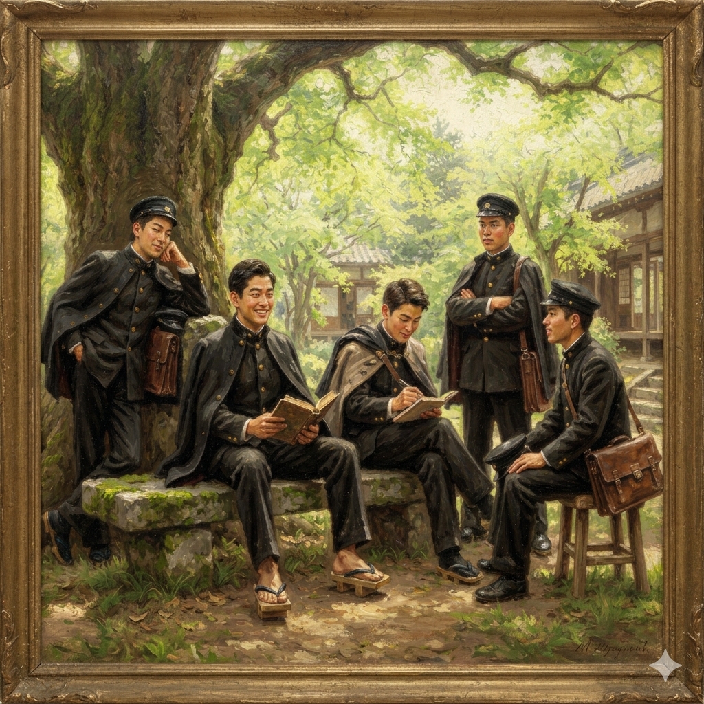 A group of male students in modern Japan gather beneath a large tree, some standing and others sitting, wearing traditional student uniforms and capes. The scene evokes the school life and student culture of Japan from the Meiji to early Showa periods.