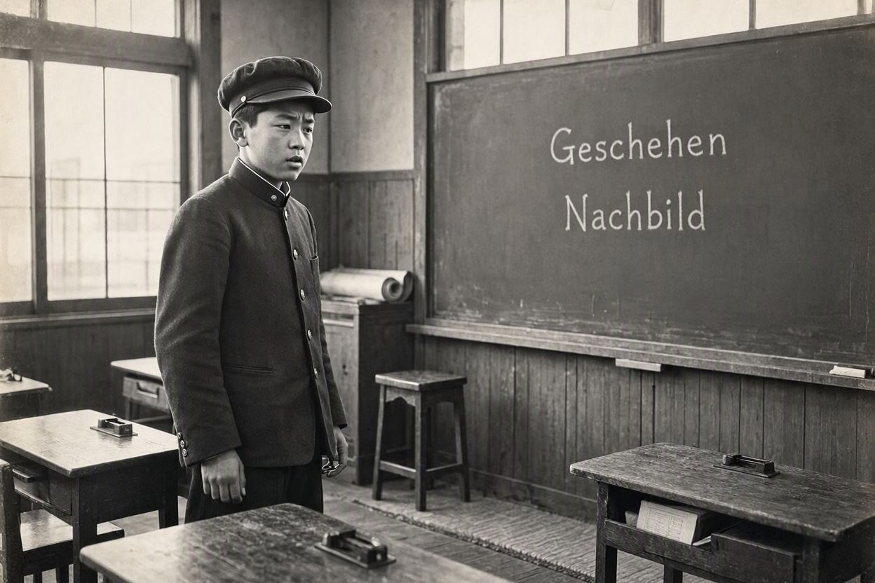 Meiji-era Japanese student looking at German words on a classroom blackboard
