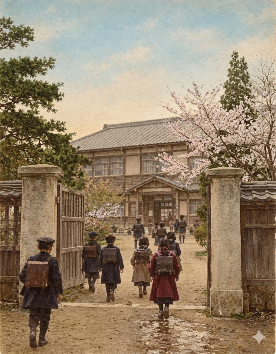 Japan in the Meiji and Taisho eras. This illustration shows boys and girls walking to school together, capturing an ordinary scene from childhood. With a simple wooden school building in the background, it represents a time when attending school was becoming a part of everyday life for children.