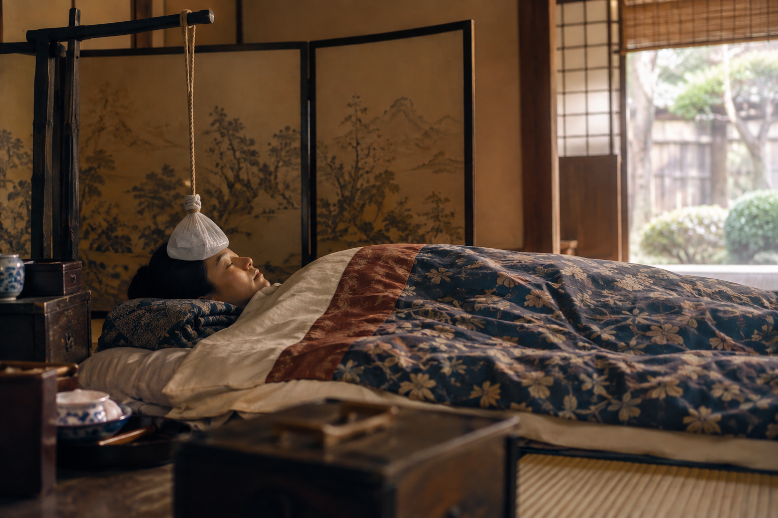 A woman rests on a futon after becoming sick in a traditional Japanese home.