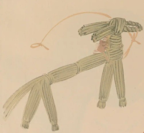 This straw horse toy is used to evoke the atmosphere of traditional Japanese folk customs.A straw horse toy from Omocha Chigusa, Vol. 4, a collection of Japanese toys published in 1920. The figure is included here as an illustration of a traditional straw horse, not as evidence that this particular toy was used in the custom of sending away the god of colds.