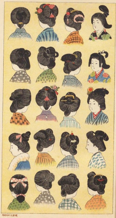 In Meiji Shōjo Setsuyō, the “Ways of Styling Hair” page shows the Margaret hairstyle in the lower-left corner, which was popular among female students. Source: National Diet Library Digital Collections