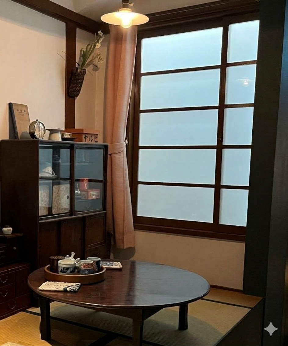 A glimpse of a Japanese dining room in the modern era, with a low dining table and traditional furniture.