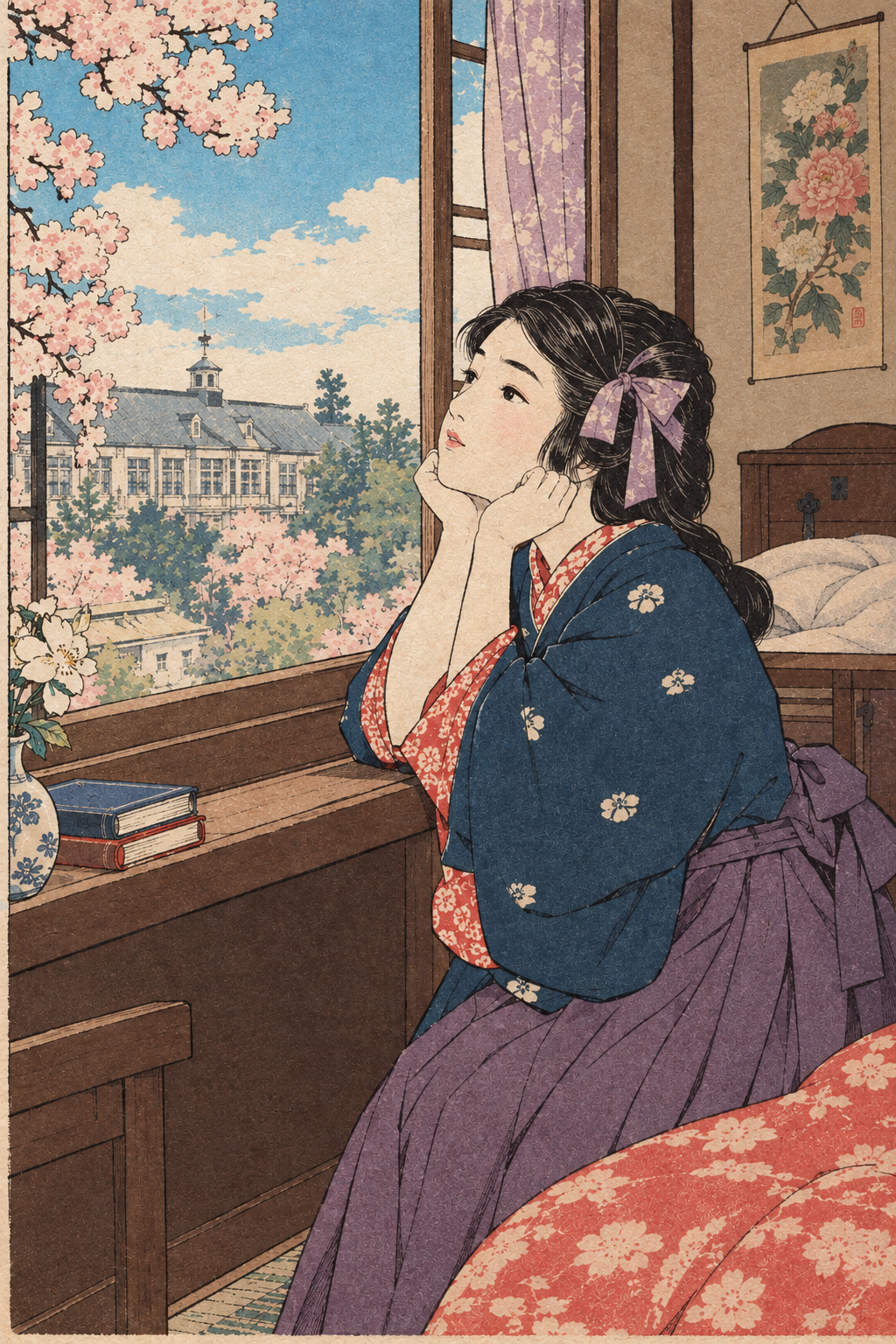 An original illustration inspired by Meiji and Taisho-era Japanese schoolgirls, depicting a young student resting her cheek on her hand by a window in a girls’ dormitory. The illustration evokes the quiet, reflective atmosphere of student life in a Japanese girls’ boarding school.