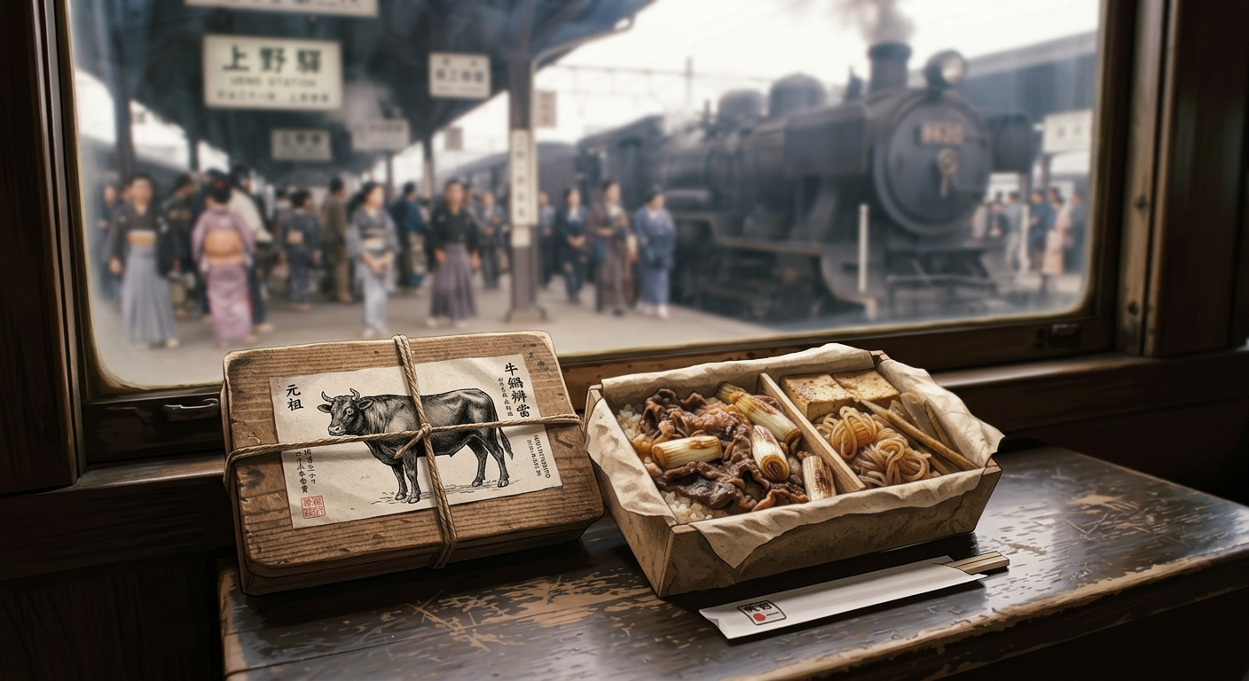 An illustration of a traditional Japanese train bento, or ekiben, evoking the Meiji and Taisho periods and the history of bento enjoyed during train journeys.